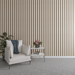 Elegant interior showcasing a modern slat wall panel design, complemented by a cozy chair and decorative plants, ideal for contemporary spaces and enhancing aesthetics.